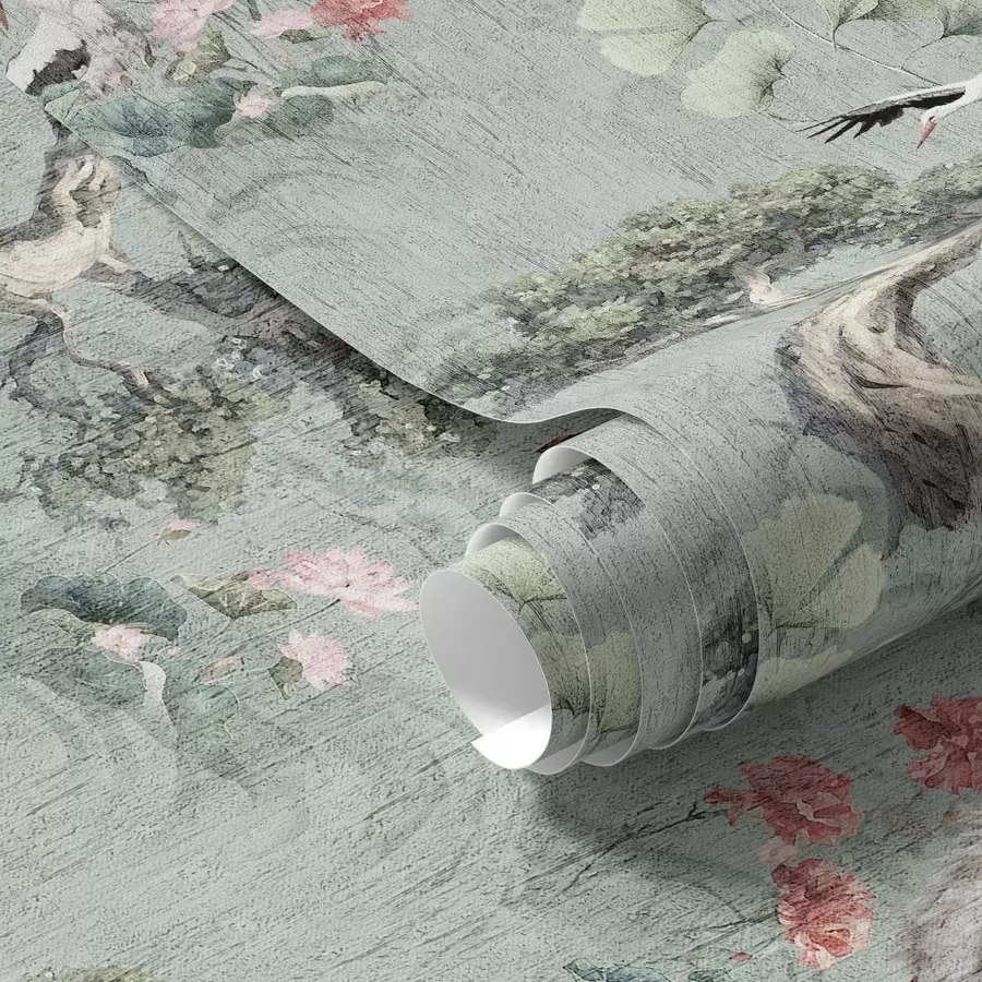 Шпалери Журавлі серед сосен і лотосів на спокійному зеленому тлі a00962