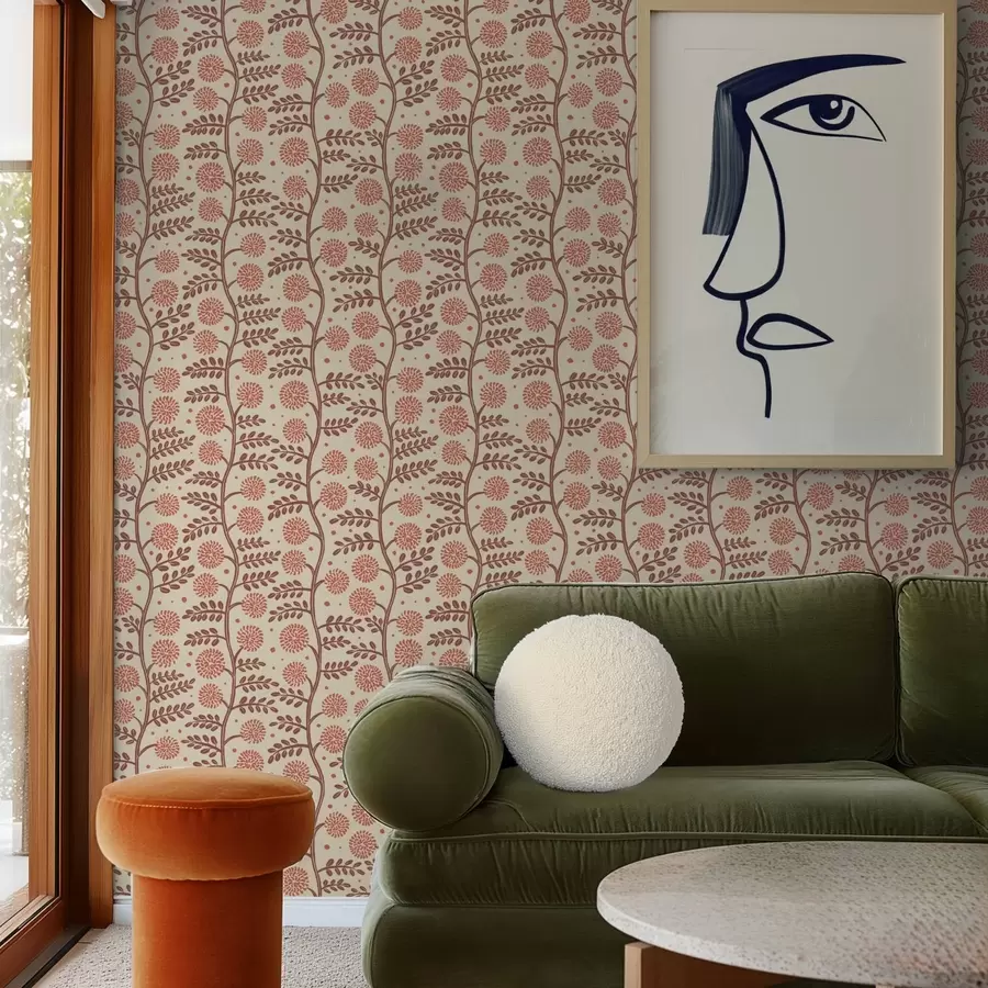 Шпалери Теракотові стебла з пухнастими кораловими квітами на кремовому тлі a00997v1