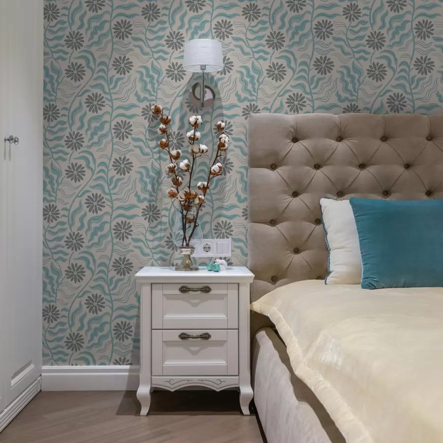 Шпалери Абстрактні квіти та хвилясті листя в ніжних блакитних тонах a00998v1