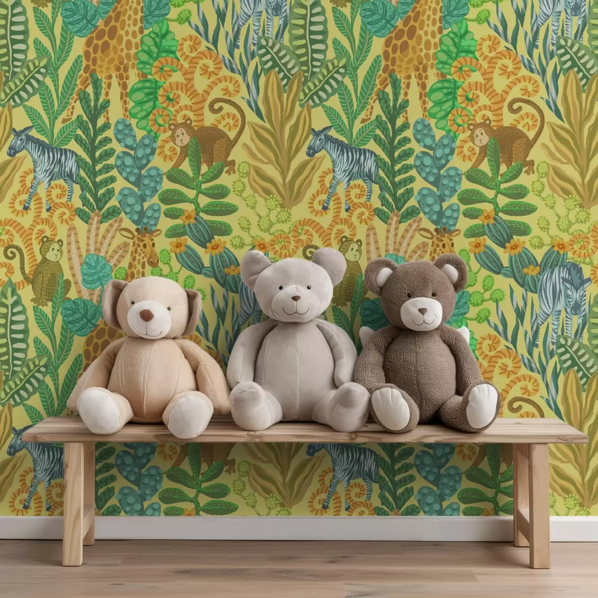 Шпалери Жираф, зебра і мавпа в яскраво-жовтій савані a01000v1