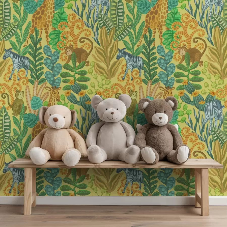 Шпалери Жираф, зебра і мавпа в яскраво-жовтій савані a01000v1