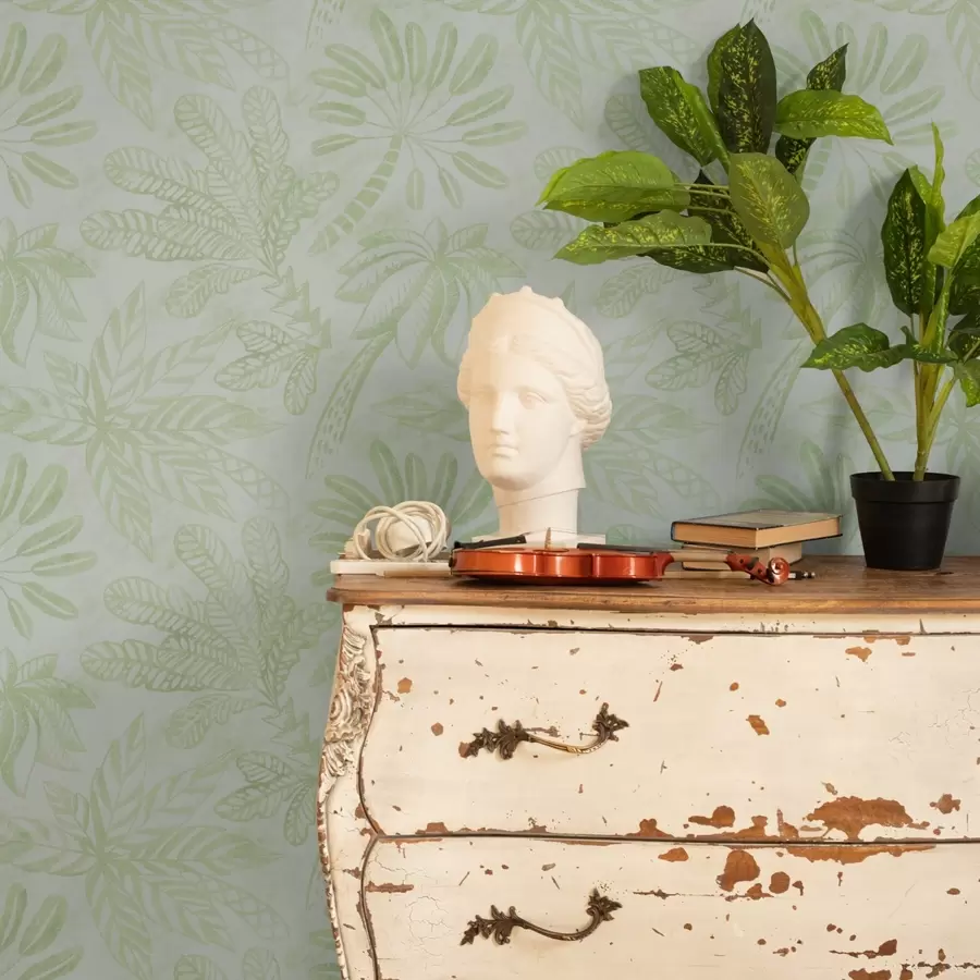 Шпалери Намальовані тропічні листя у свіжих світло-зелених тонах a01001v1