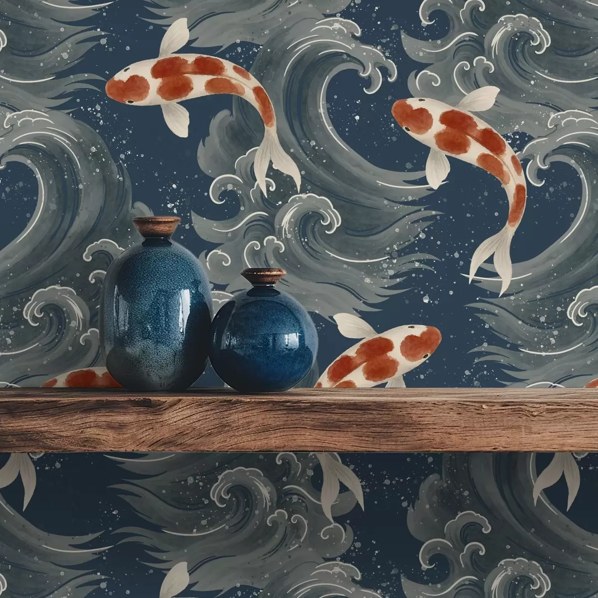 Шпалери Риба коі, що плаває серед драматичних океанських хвиль a01019