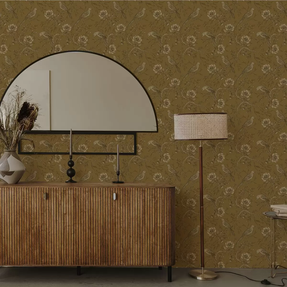 Шпалери Вінтажні птахи та квіти на теплому оливковому тлі a01022v1