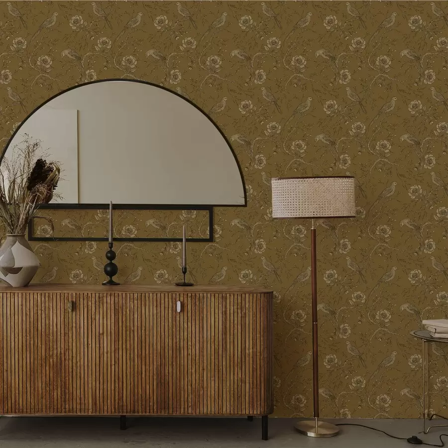 Шпалери Вінтажні птахи та квіти на теплому оливковому тлі a01022v1