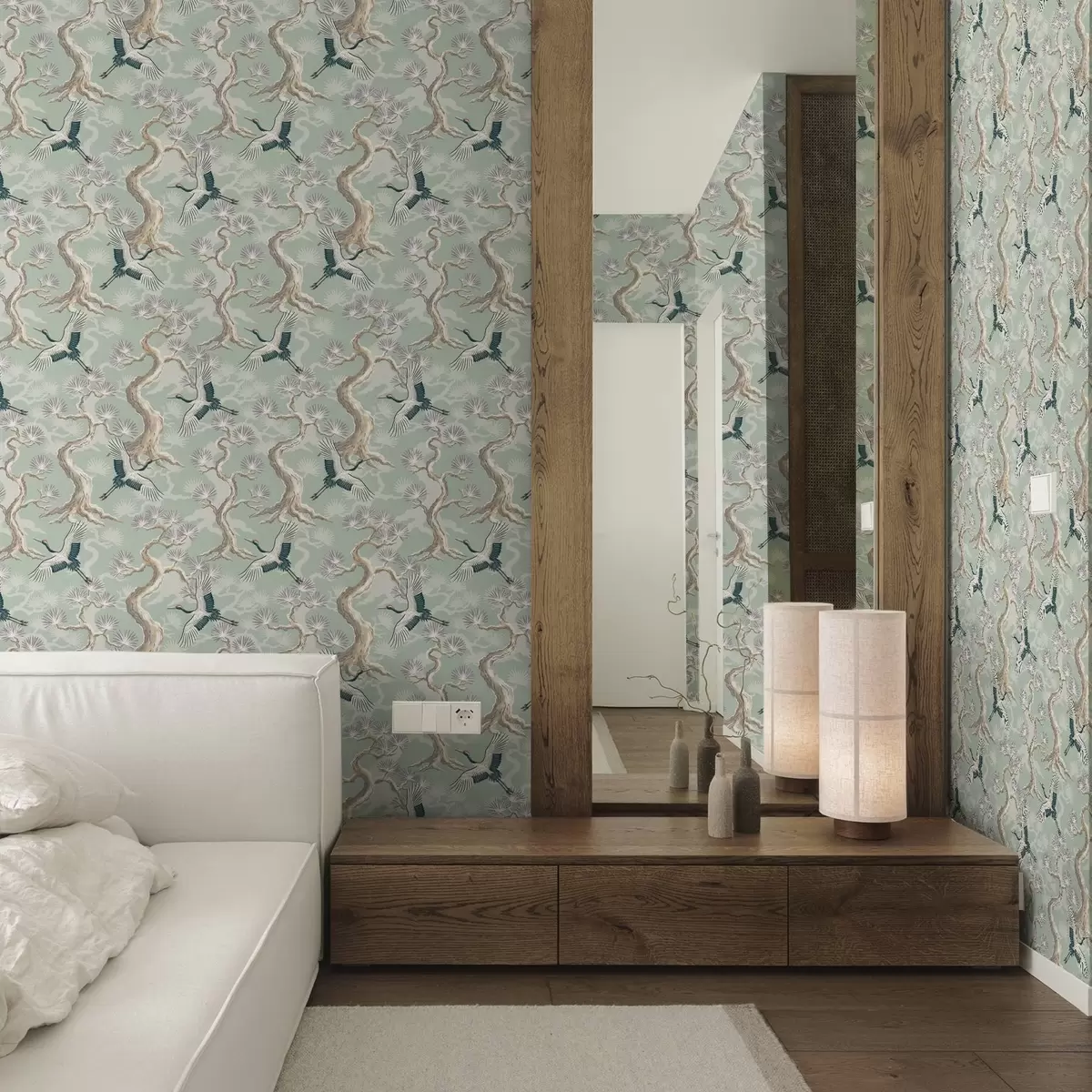 Шпалери Журавлі серед вигнутих гілок на м'якому фоні кольору шавлії a01023