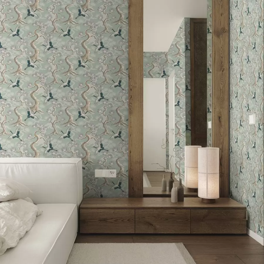 Шпалери Журавлі серед вигнутих гілок на м'якому фоні кольору шавлії a01023