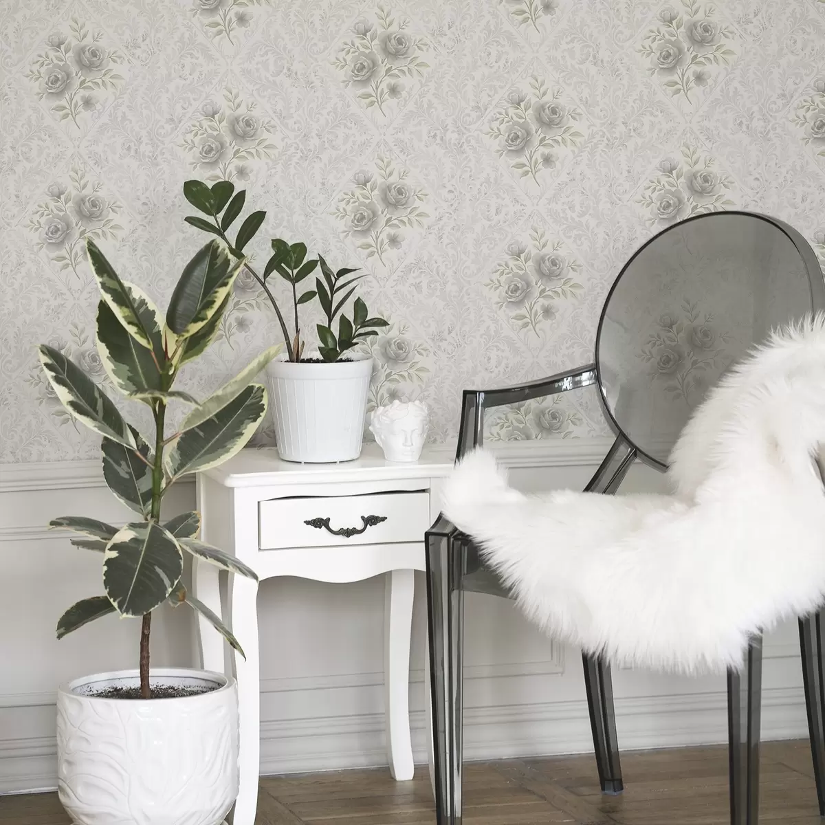 Шпалери Легкий дамаський візерунок із сірими трояндами у вигляді м'яких ромбів a01024