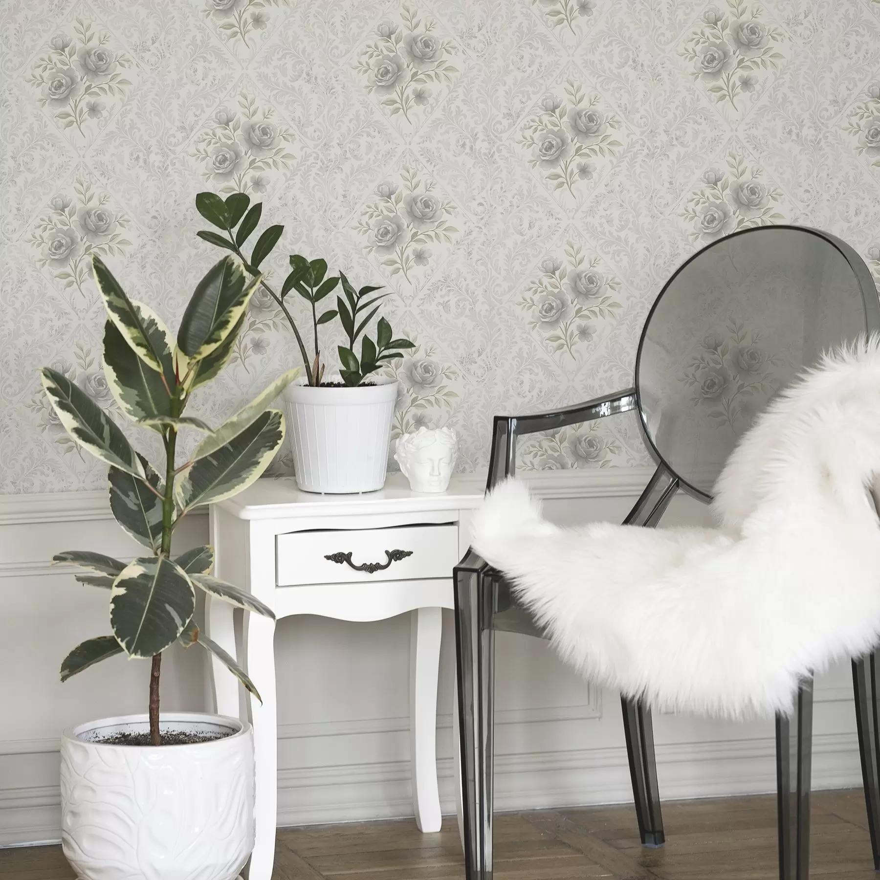 Шпалери Легкий дамаський візерунок із сірими трояндами у вигляді м'яких ромбів a01024