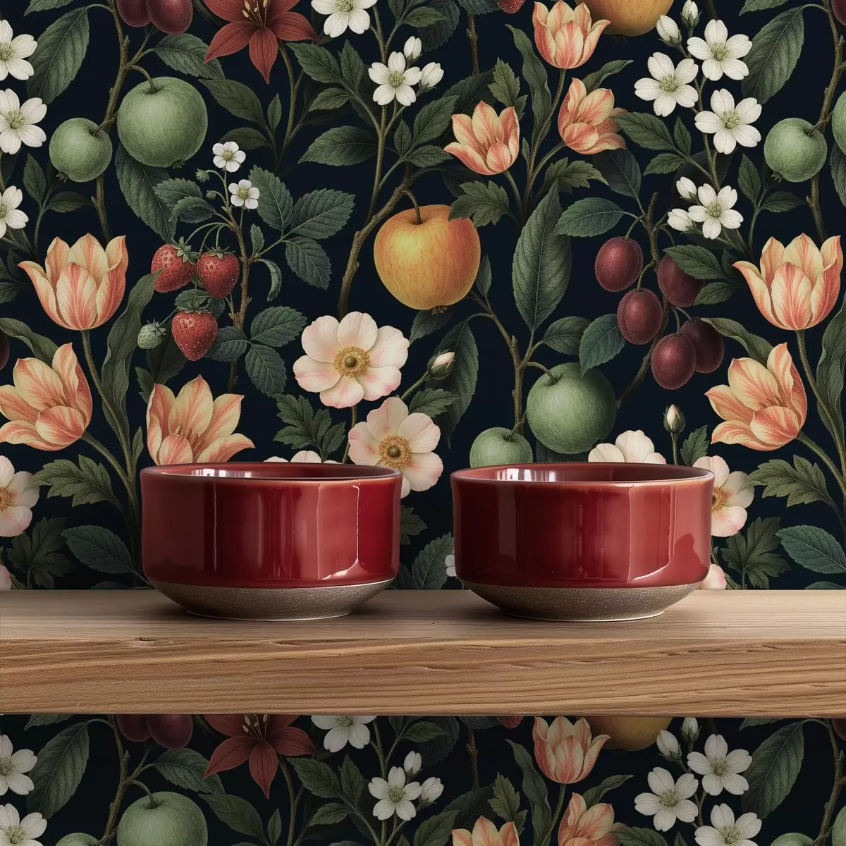 Шпалери Темний сад з квітами, стиглими яблуками та ягодами a01034