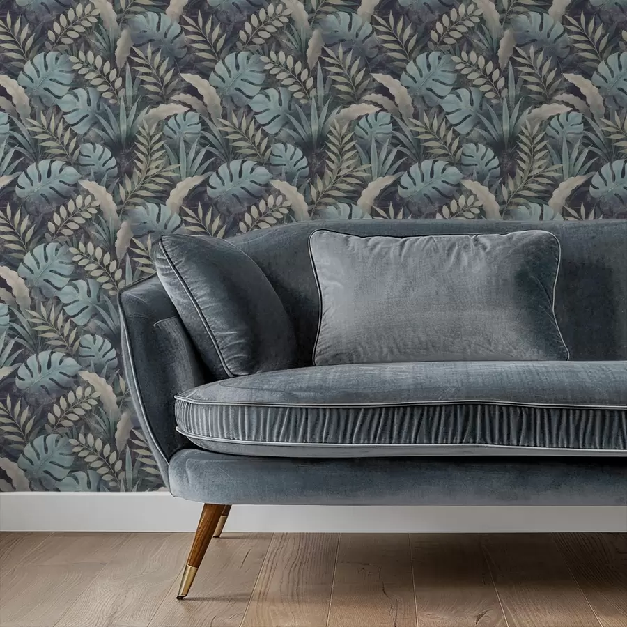 Шпалери Тропічна листя в прохолодних синьо-зелених тонах a01035