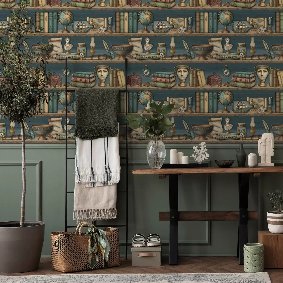 Шпалери Вінтажні полиці з книгами, глобусом і морськими цікавинками a01036