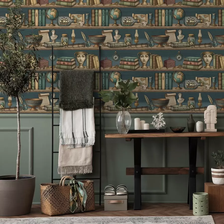Шпалери Вінтажні полиці з книгами, глобусом і морськими цікавинками a01036