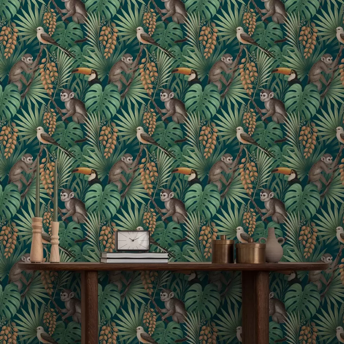 Шпалери Мавпи та тропічні птахи в густому листі джунглів a01037