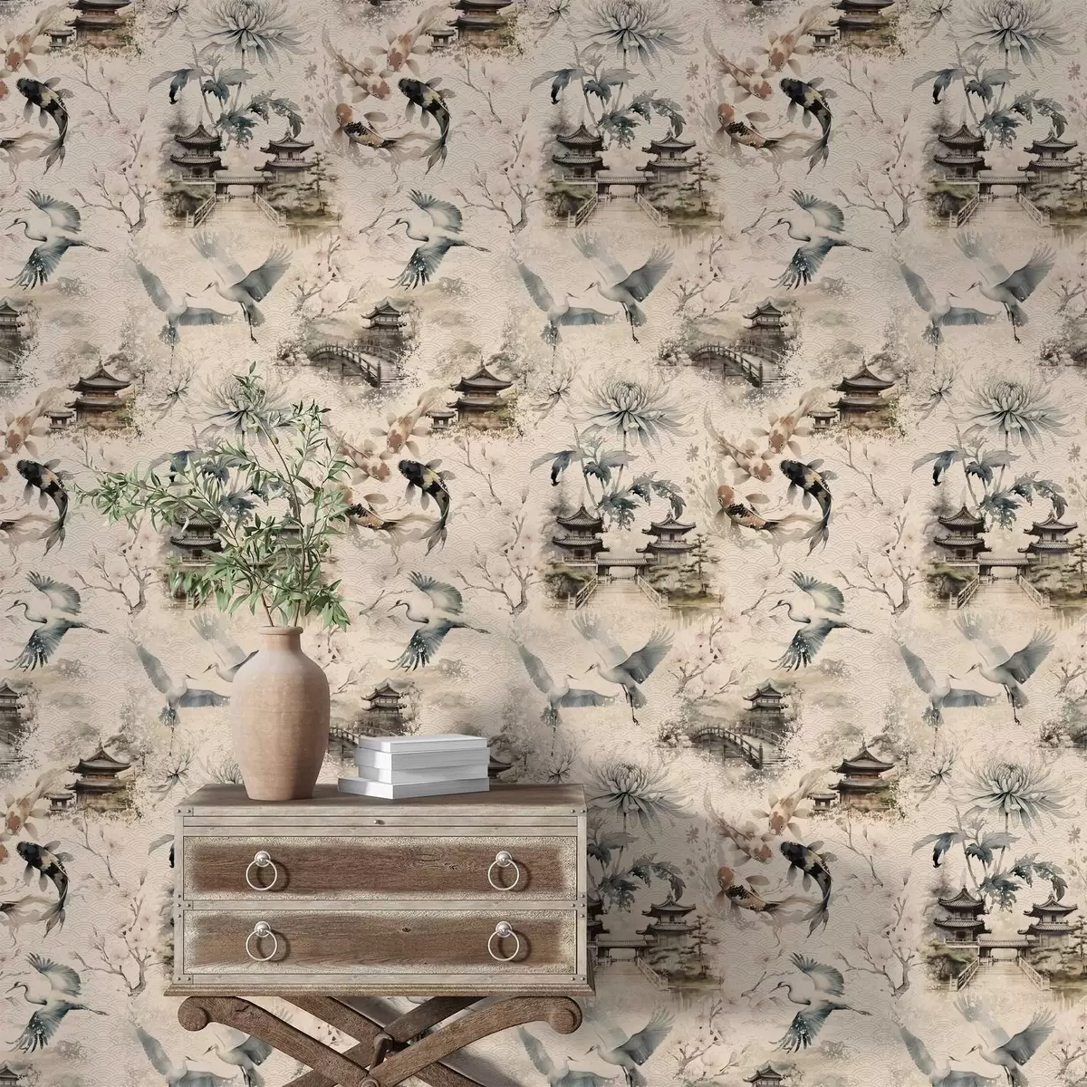 Шпалери Японські храми, риби коі та журавлі на м'якому тлі a01040