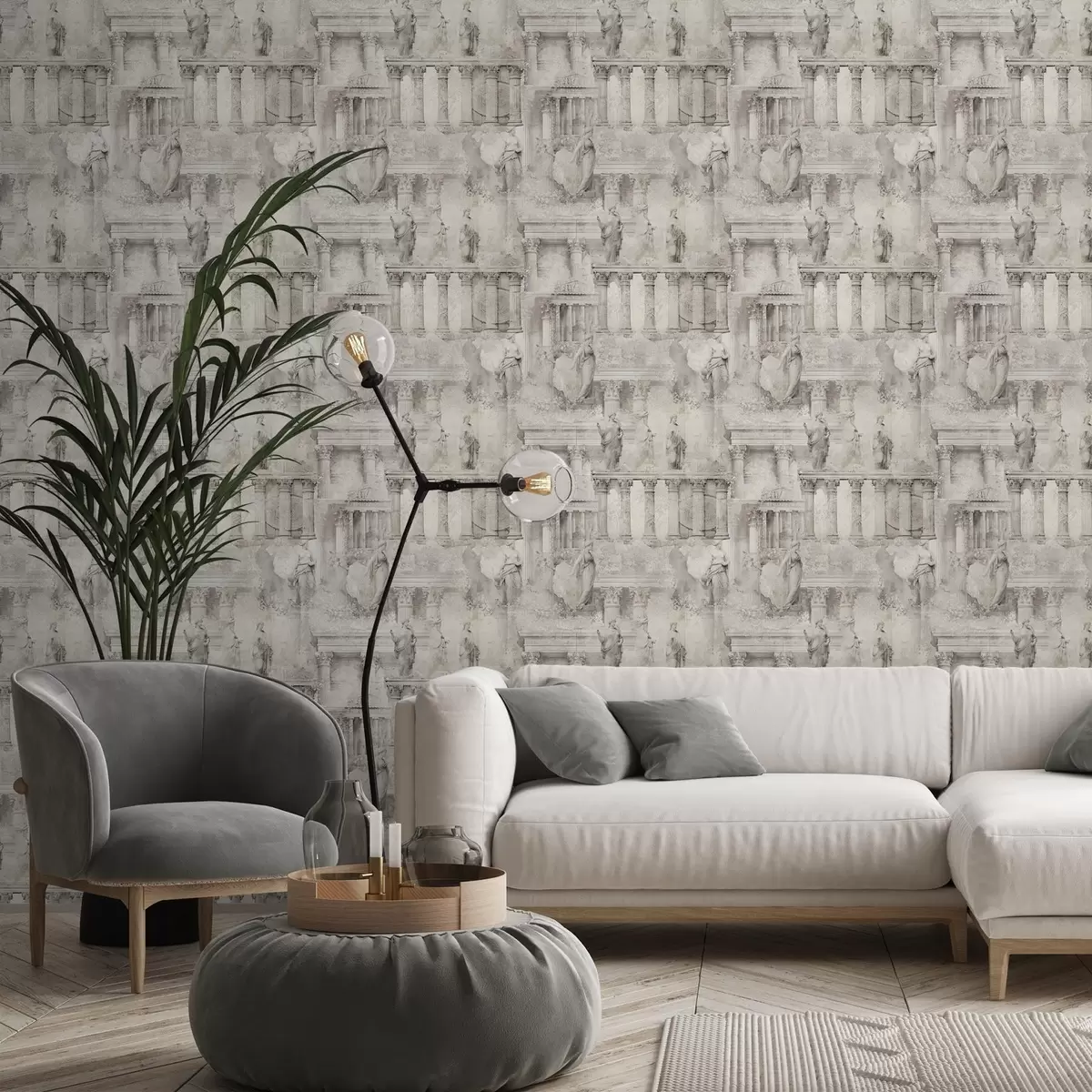 Шпалери Античні статуї та колони в м'яких бежево-сірих тонах a01041
