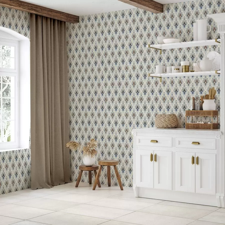 Шпалери Східний візерунок з дрібних плиток у синьо-піщаній палітрі a01044