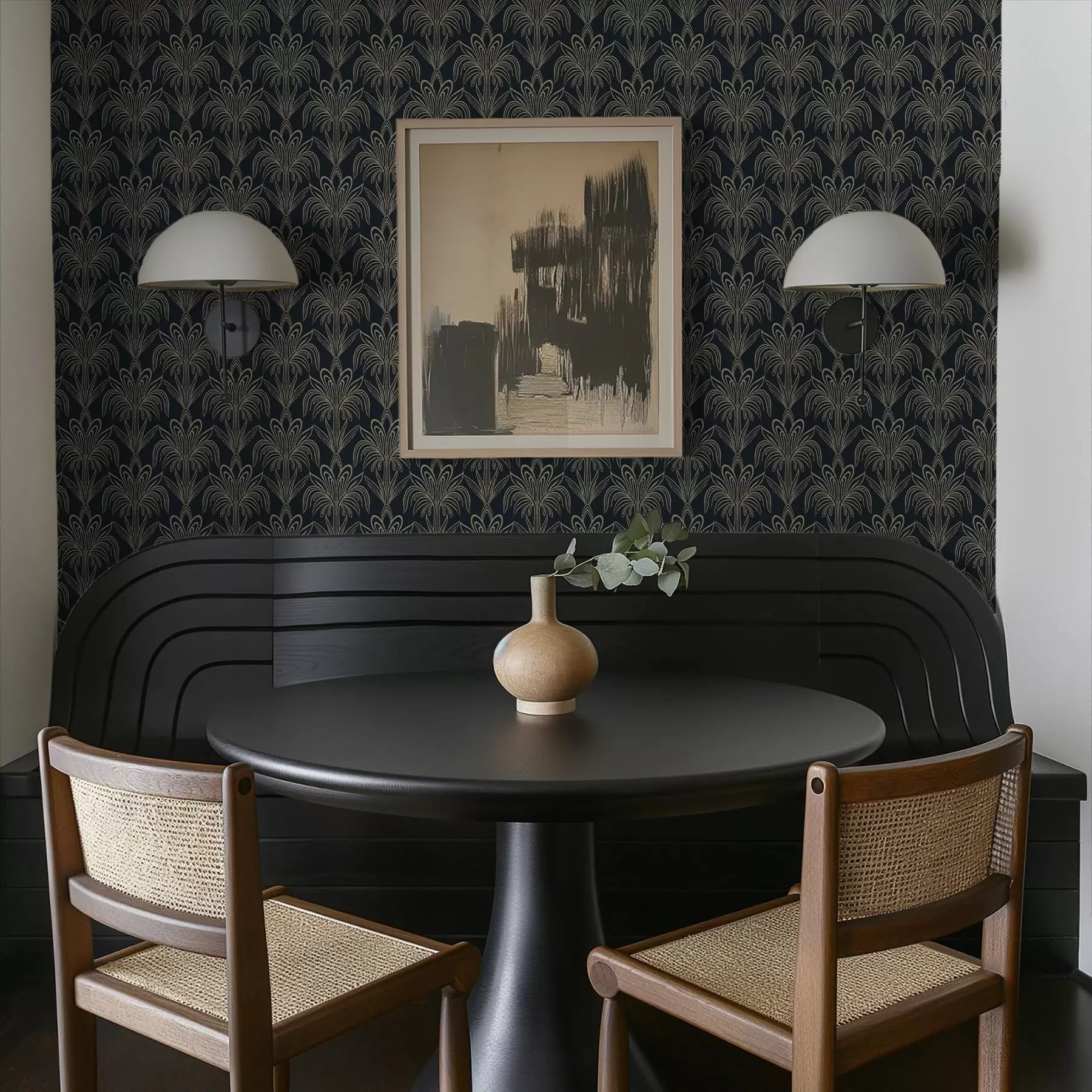 Шпалери Темний орнамент в стилі ар-деко зі стилізованими рослинами a01065