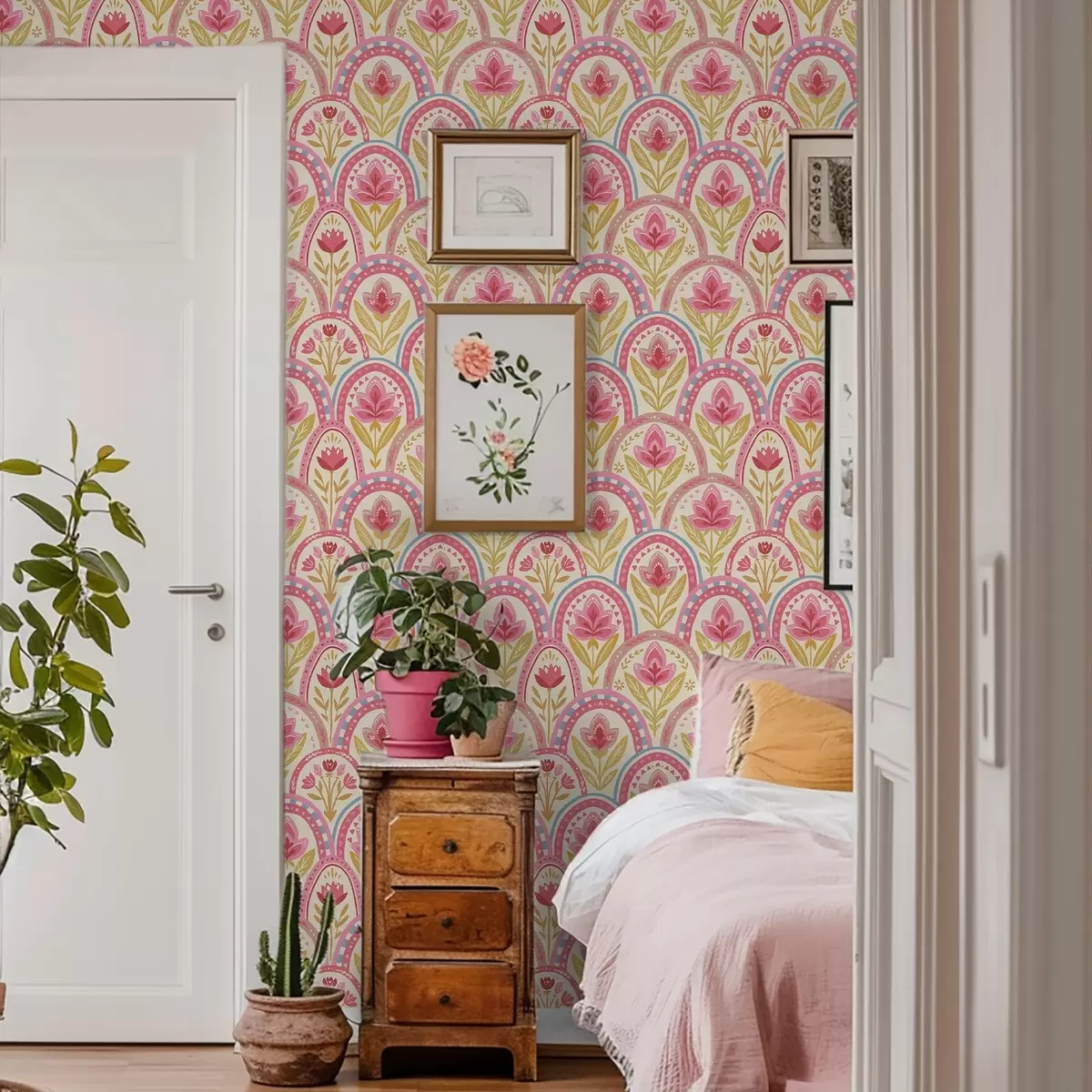 Шпалери Арки з рожевими квітами у фольклорному стилі a01080