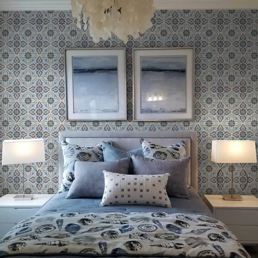 Шпалери Синьо-бежевий орнамент у стилі плитки, намальований аквареллю a01085