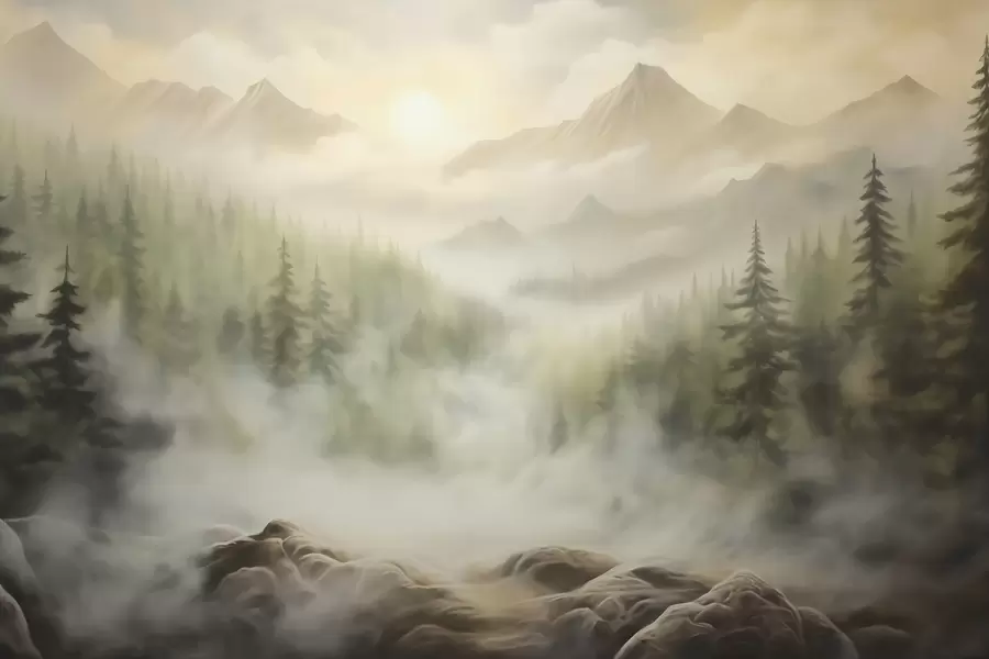 Шпалери Ліс у тумані на тлі гір w04730