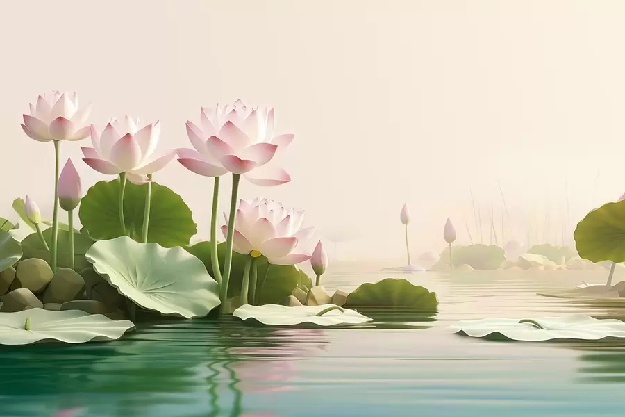 Шпалери Рожеві квіти лотоса на воді, спокійний тропічний пейзаж w09561