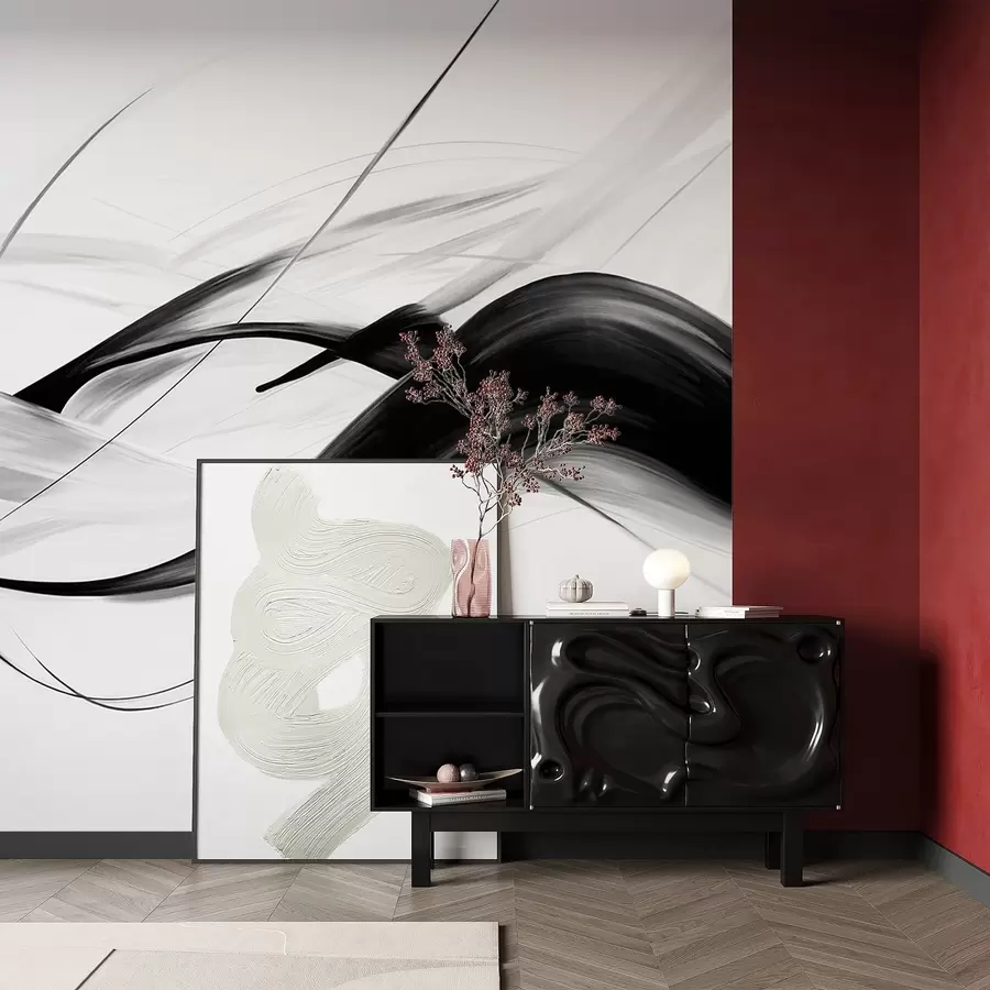 Шпалери Абстрактні чорно-білі мазки пензлем з тонкими лініями створюють сучасний дизайн на світлому тлі w09605