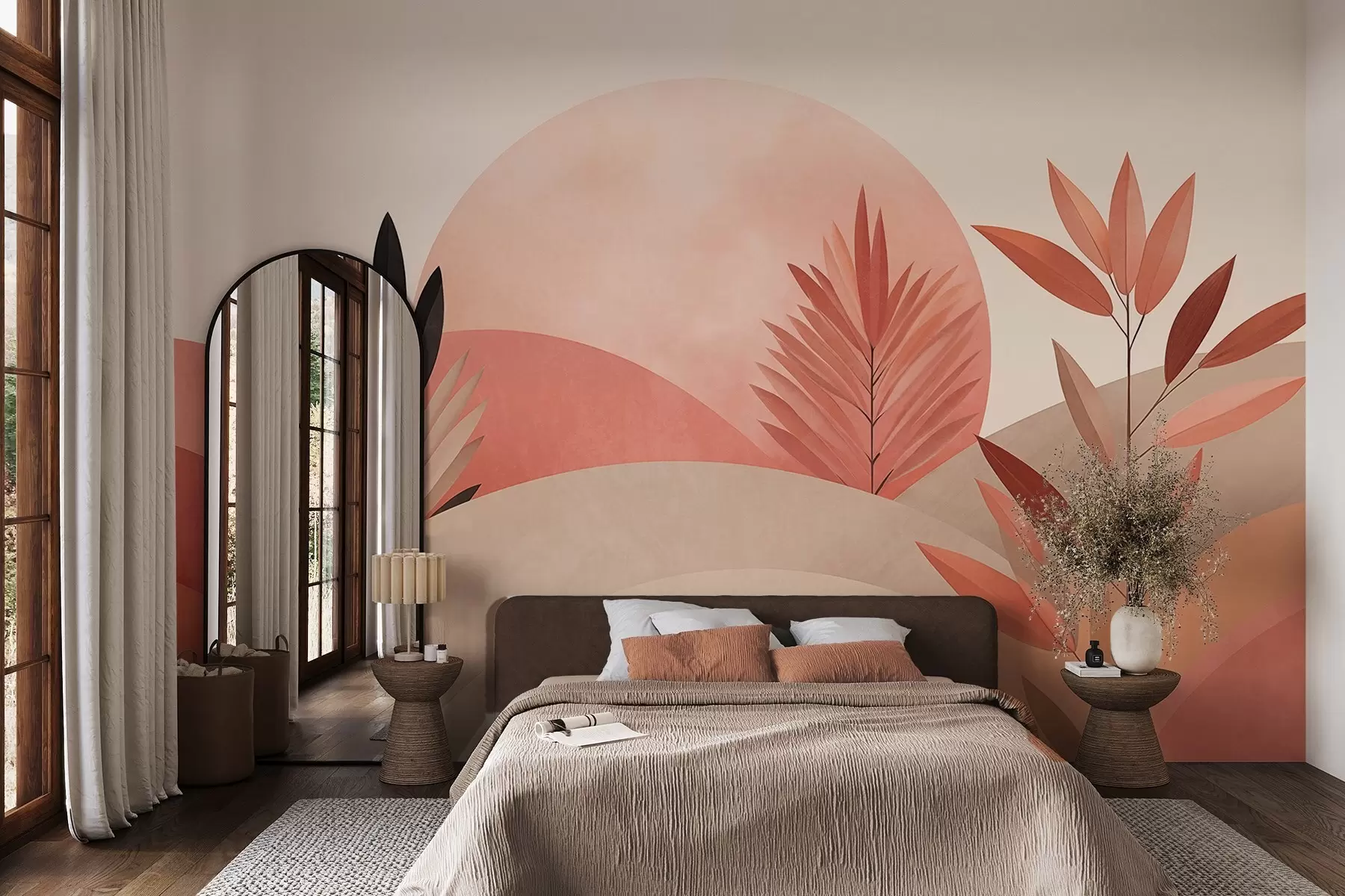 Шпалери Абстрактний пейзаж у стилі бохо, сонце за пагорбами, рослини на передньому плані, мінімалістичний, текстурний, приглушені кольори w09608