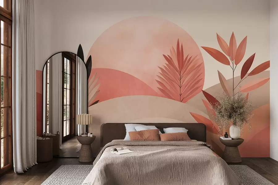 Шпалери Абстрактний пейзаж у стилі бохо, сонце за пагорбами, рослини на передньому плані, мінімалістичний, текстурний, приглушені кольори w09608