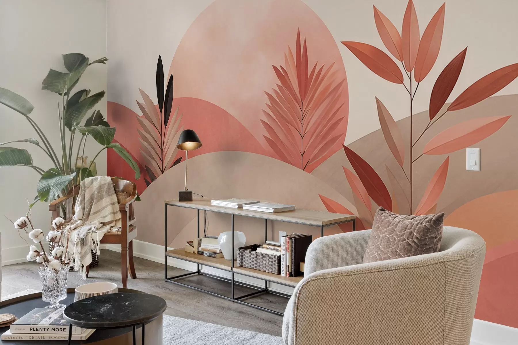 Шпалери Абстрактний пейзаж у стилі бохо, сонце за пагорбами, рослини на передньому плані, мінімалістичний, текстурний, приглушені кольори w09608