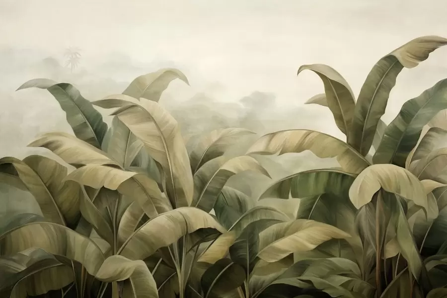 Шпалери Текстурований щільний джунглевий пейзаж з великими банановими листям у приглушених зелених і бежевих тонах w09613