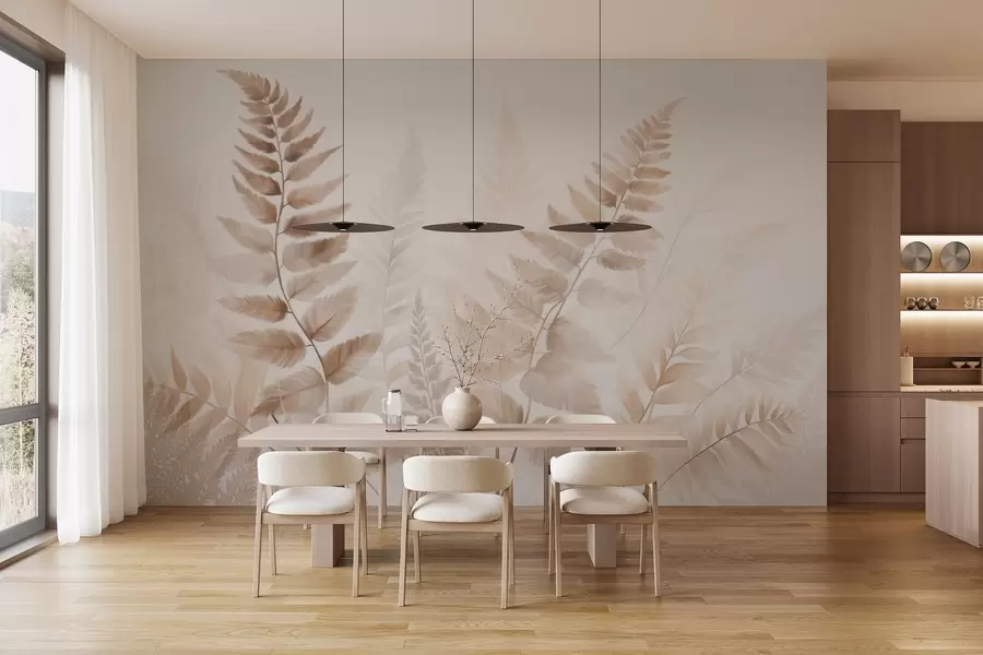 Шпалери Текстуровані сухі листя папороті різних відтінків коричневого кольору на м'якому світлому тлі в стилі акварелі. w09615