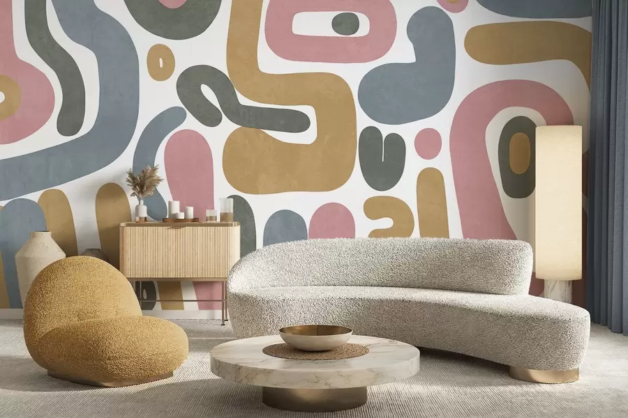 Шпалери Абстрактні текстуровані фігури в пастельно-рожевому, приглушеному синьому, гірчично-жовтому та сірому кольорах на білому тлі, сучасне мистецтво w09620