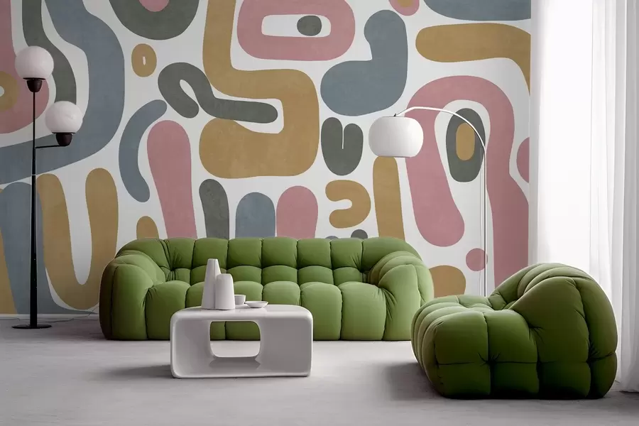 Шпалери Абстрактні текстуровані фігури в пастельно-рожевому, приглушеному синьому, гірчично-жовтому та сірому кольорах на білому тлі, сучасне мистецтво w09620