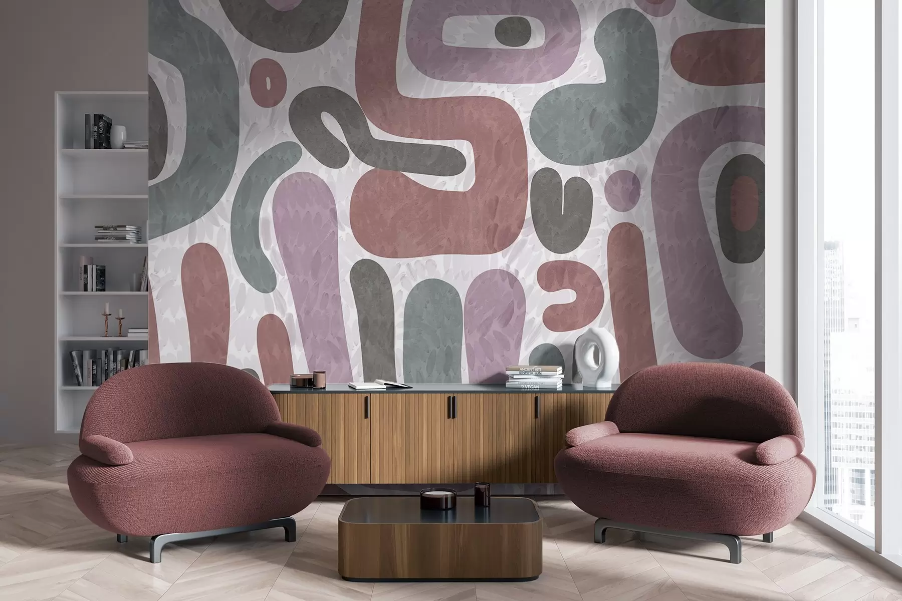 Шпалери Абстрактні текстуровані фігури в приглушених рожевих, зелених і сірих тонах на текстурованому тлі сучасного мистецтва w09622