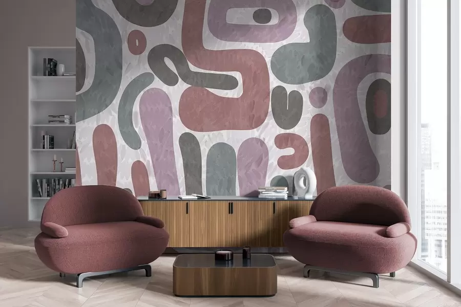 Шпалери Абстрактні текстуровані фігури в приглушених рожевих, зелених і сірих тонах на текстурованому тлі сучасного мистецтва w09622