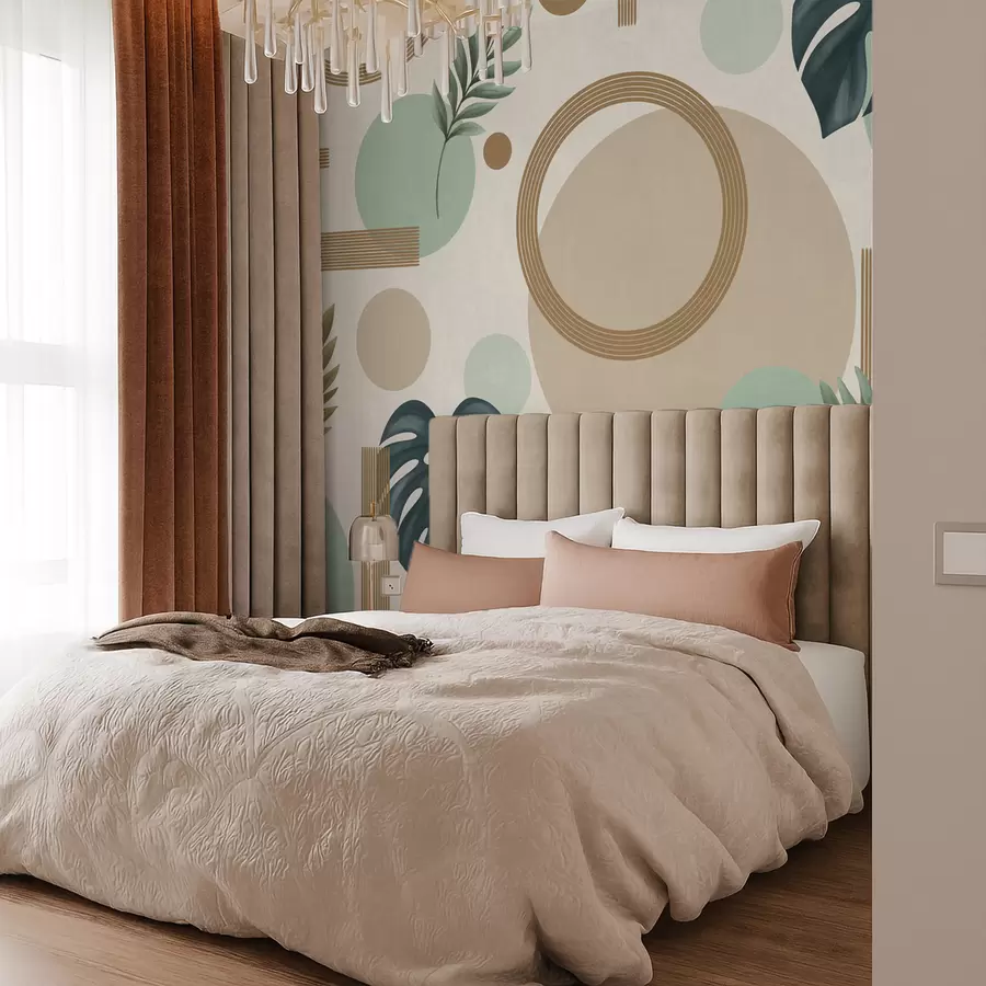 Шпалери Геометричний візерунок з листям у зеленій гамі w05018v1