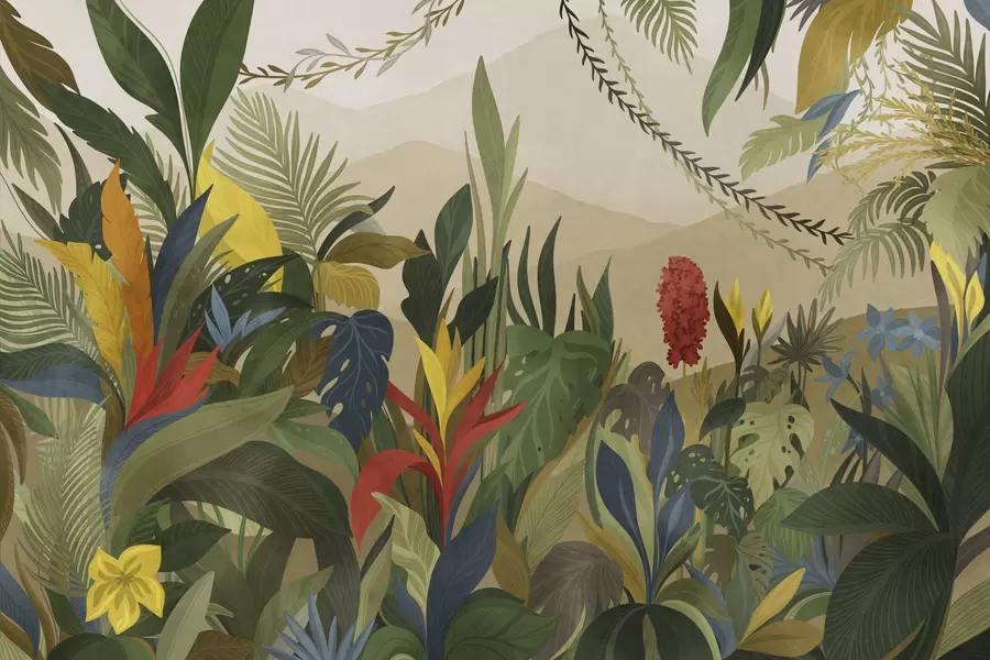 Шпалери Тропічна рослинність з великими листям і квітами w05019