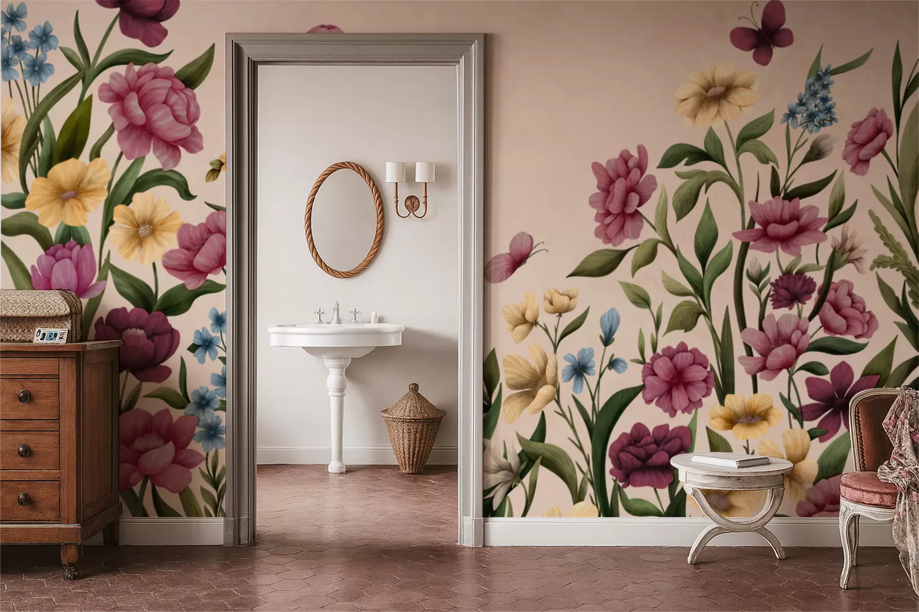 Шпалери Квіткова композиція з рослинами і метеликами на світлому тлі w05072