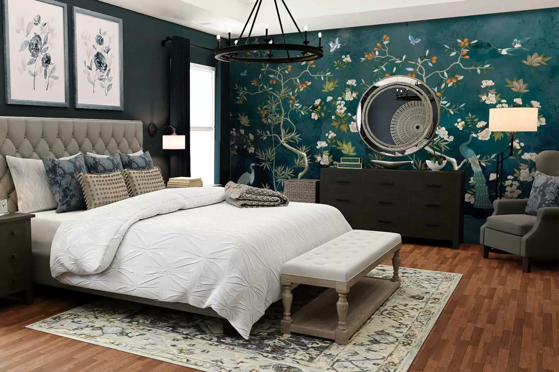 Шпалери Декоративна сцена з деревами, квітами та птахами на темному тлі w05004