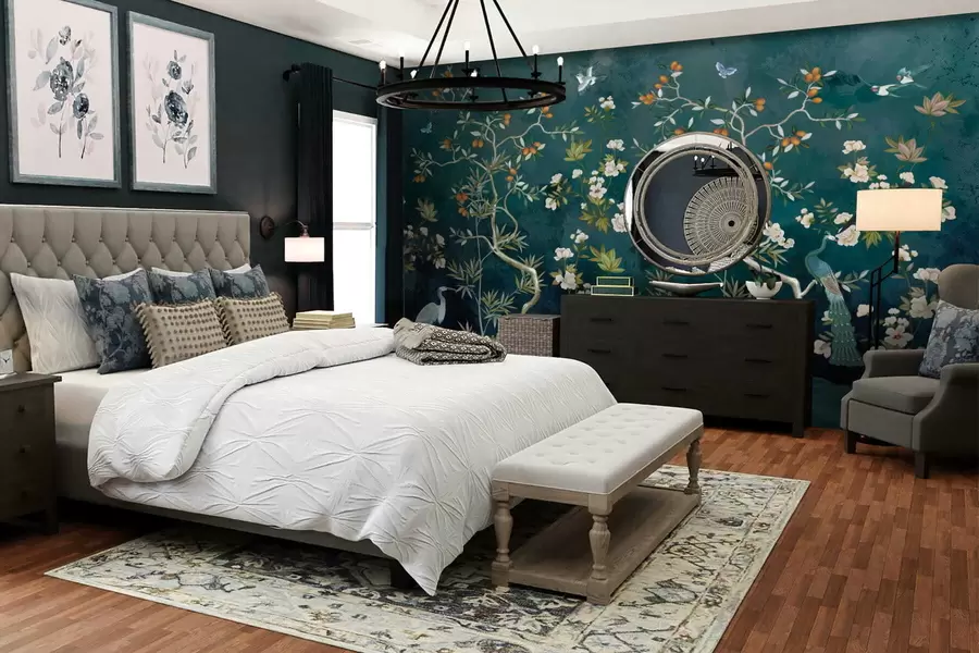 Шпалери Декоративна сцена з деревами, квітами та птахами на темному тлі w05004