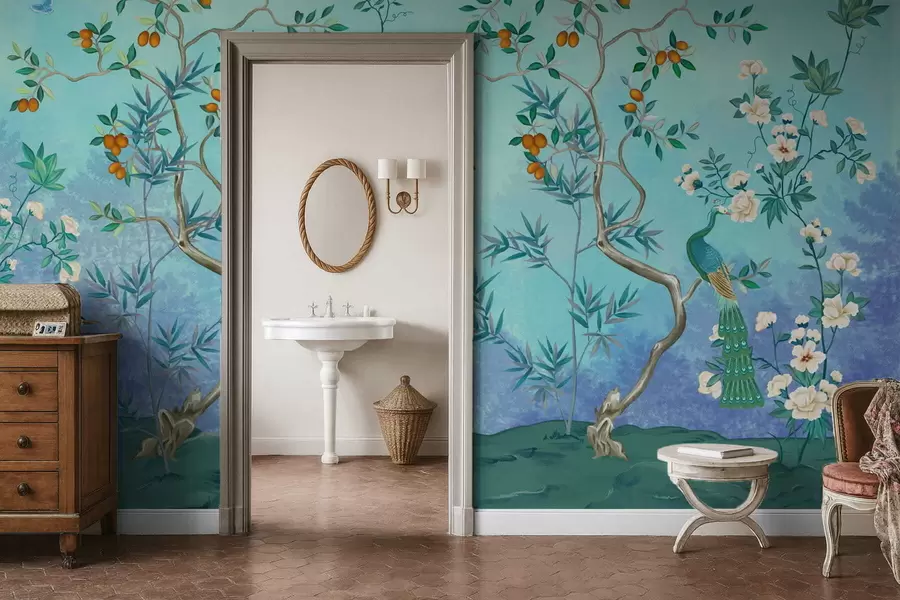 Шпалери Сцена з деревами, квітами та птахами, синій фон w05004v2