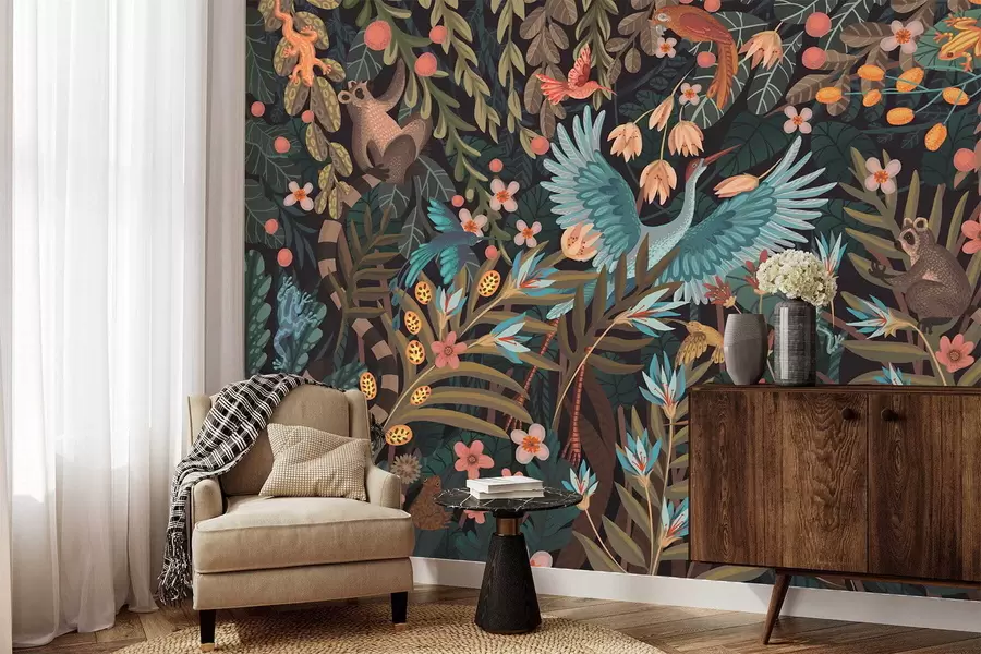 Шпалери Фантастична сцена з птахами і тваринами серед рослин w05024