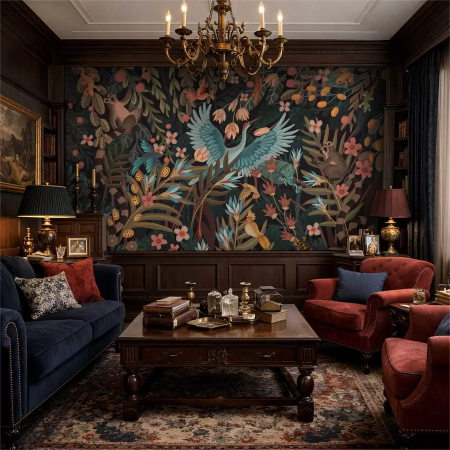 Шпалери Фантастична сцена з птахами і тваринами серед рослин w05024