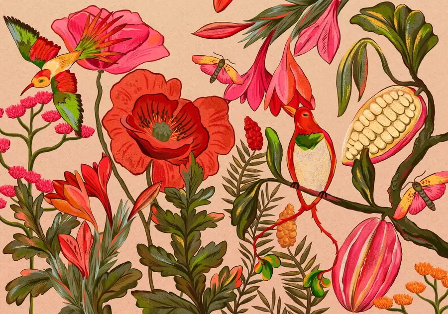 Шпалери Декоративні квіти та птахи на бежевому тлі w05036