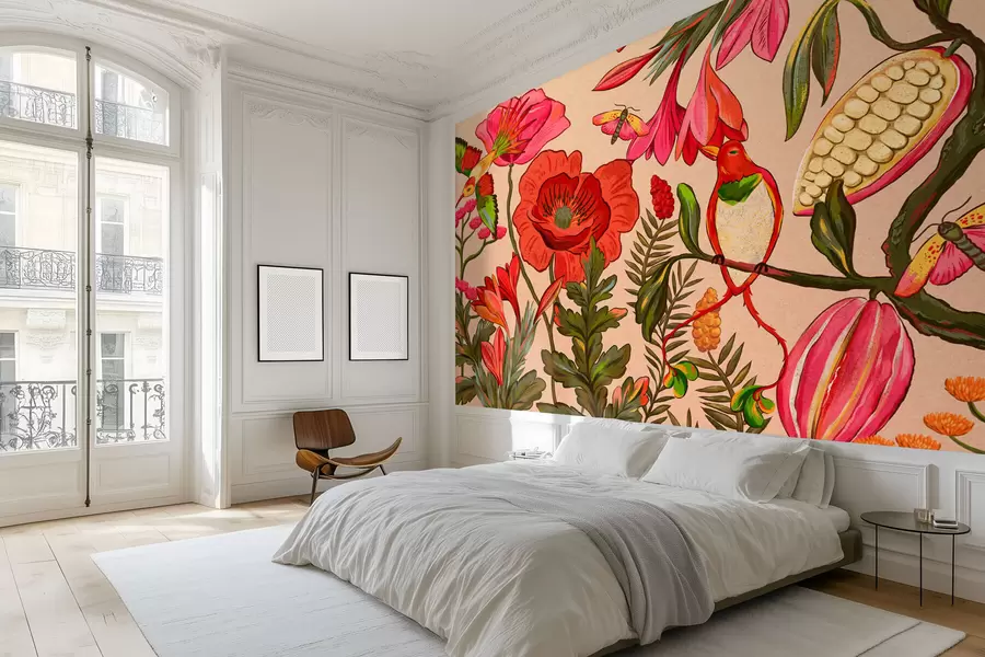 Шпалери Декоративні квіти та птахи на бежевому тлі w05036