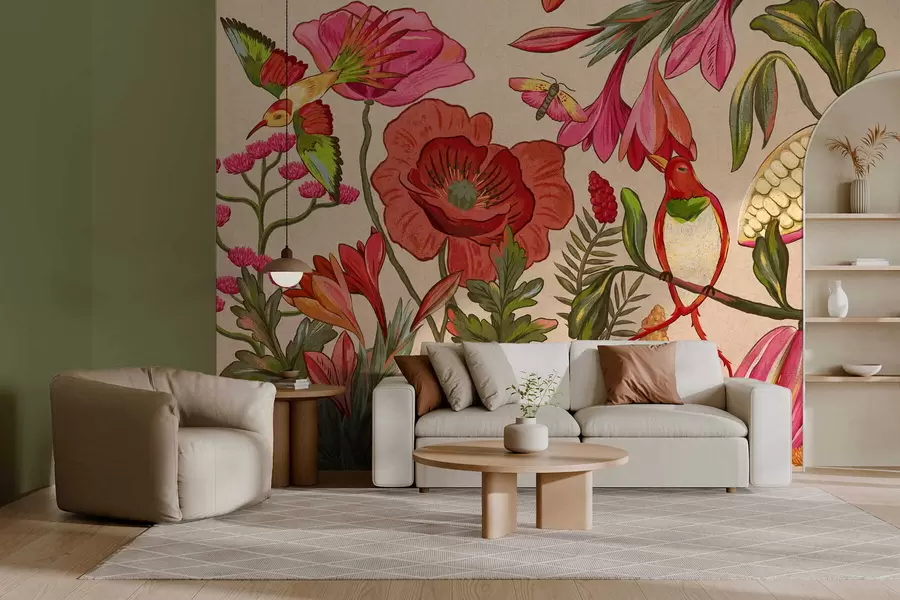 Шпалери Декоративні квіти та птахи на бежевому тлі w05036