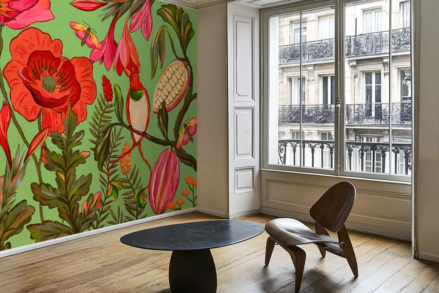 Шпалери Декоративні квіти та птахи на зеленому тлі w05036v1