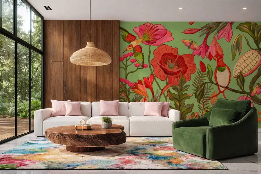 Шпалери Декоративні квіти та птахи на зеленому тлі w05036v1