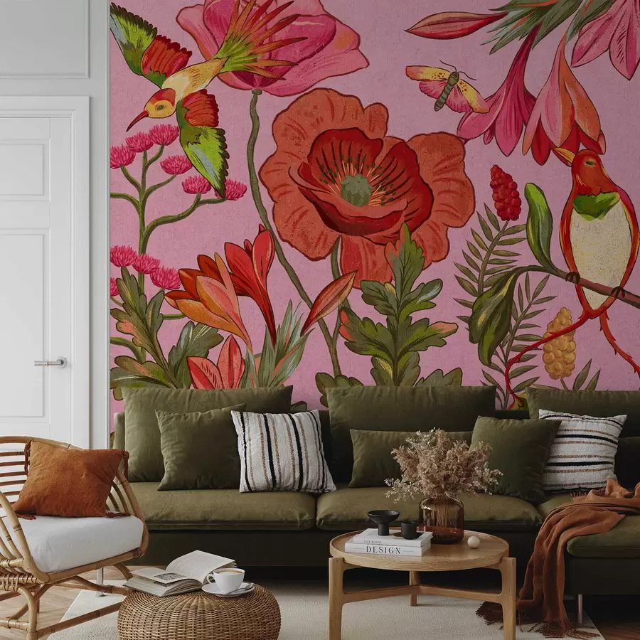 Шпалери Декоративні квіти та птахи на рожевому тлі w05036v2